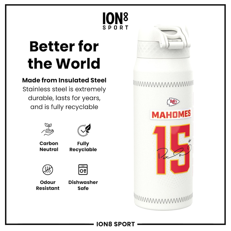 image 1 of NFL x Sports, Vacuum Insulated Steel Bottle, Series, 750ml (24oz) | White | NFL GameDay Mahomes Chiefs | One Size