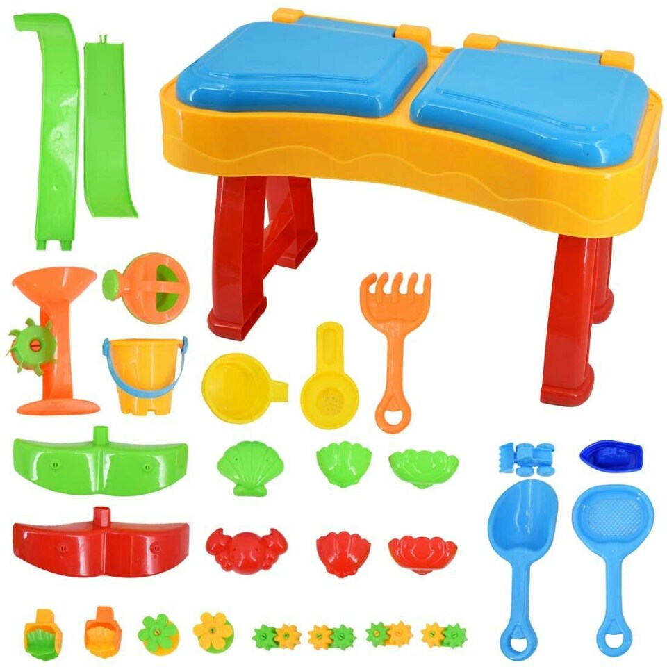 image 1 of Sand and Water Activity Table XL with Double Compartment, Waterfall Lids, and 25 Accessories – Outdoor Play Set with Lids and Water Mill