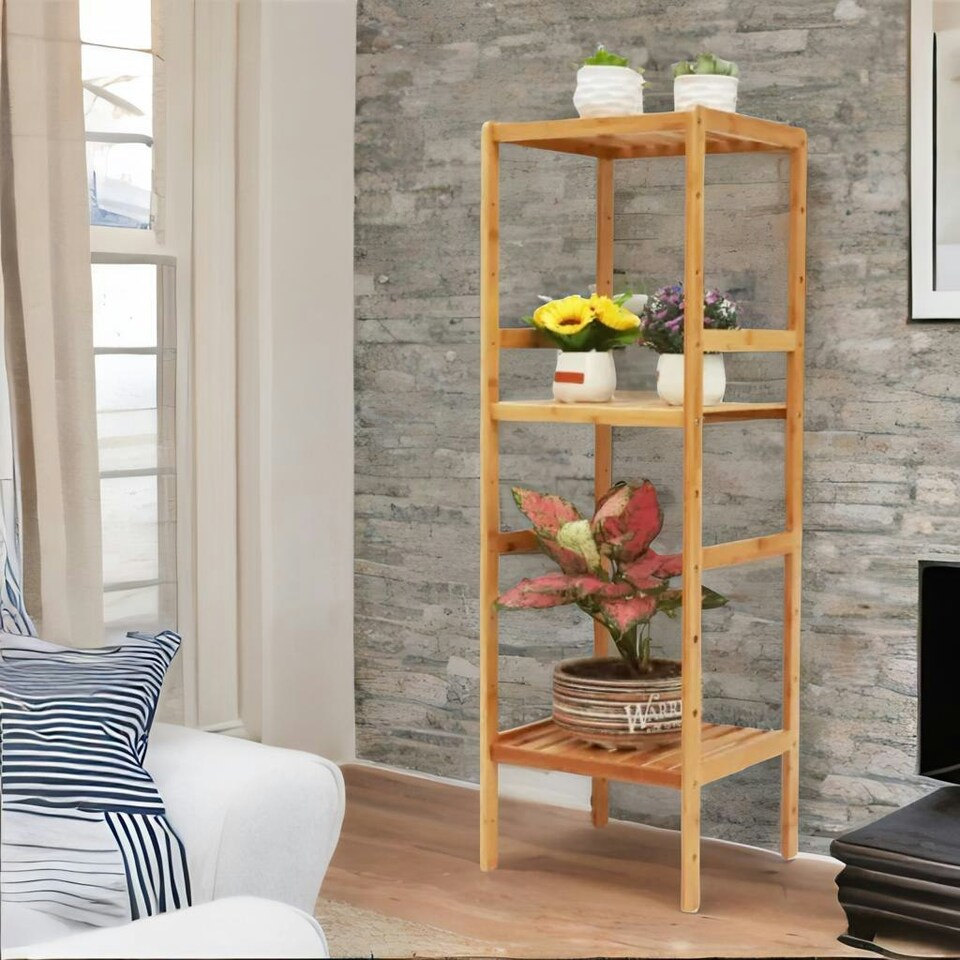 image 1 of 4 Tier Adjustable Wooden Standing Shelving Rack Unit Natural Brown Brown | One Size