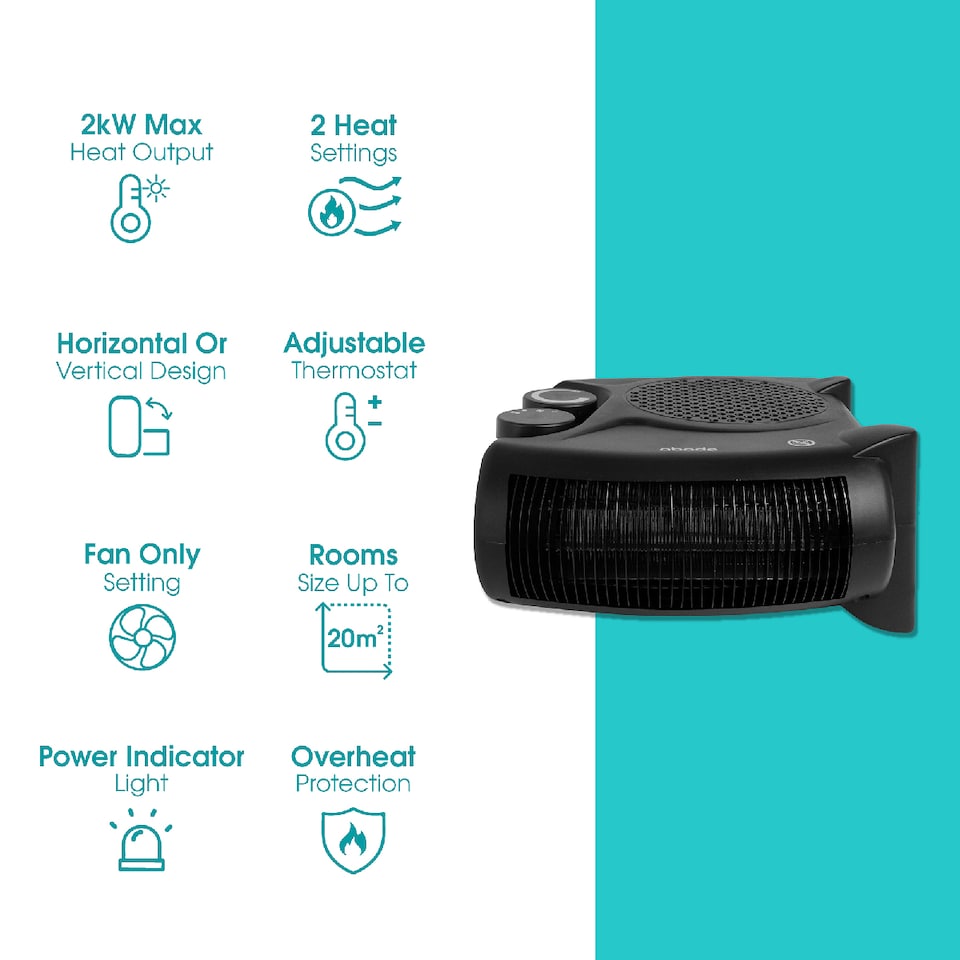 image 1 of Abode AFH1001B Electric Heater Black 2000W Cooling Fan Mode with 2 Heat Settings