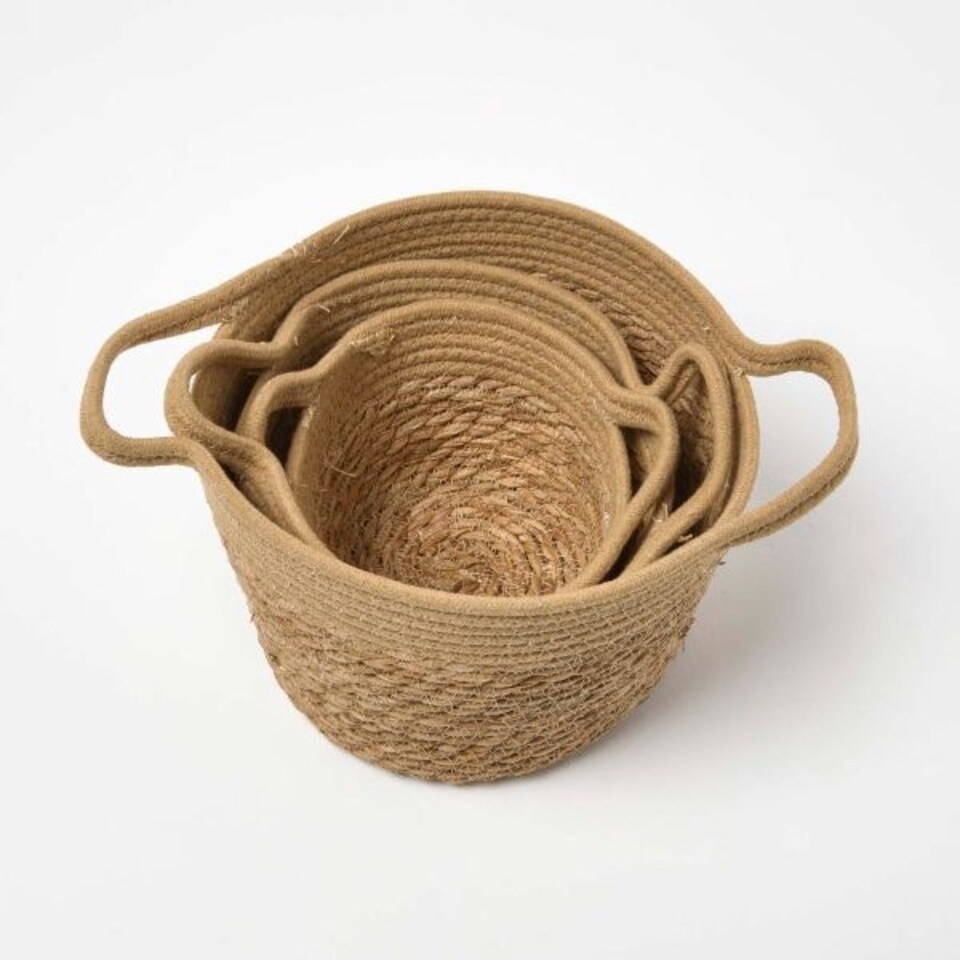 image 1 of Homescapes Set of 3 Woven Storage Baskets, Natural Grass and Rope Cream