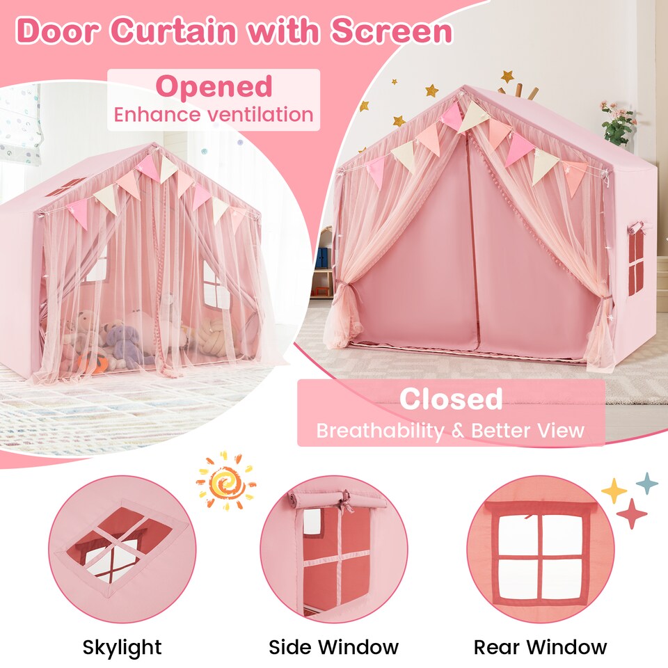 image 1 of COSTWAY Kids Play Tent 3-4 Kids Large Play Tent House w/Screen Curtains-Pink