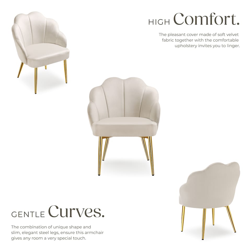 image 1 of Accent Chair Hellen - velvet cover, padded, extra-wide shell-shaped backrest | Cream | cream/gold | 2
