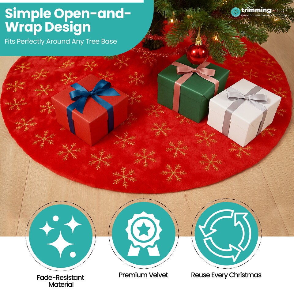 image 1 of 100cm Christmas Tree Skirt Large Red & Gold Snowflake Mat, Tree Skirt
