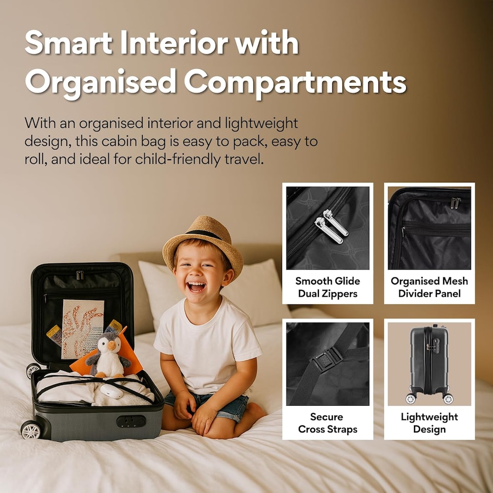 image 1 of Straame 45x35x20cm Dark Grey Cabin Suitcase, 360° Spinner Wheels