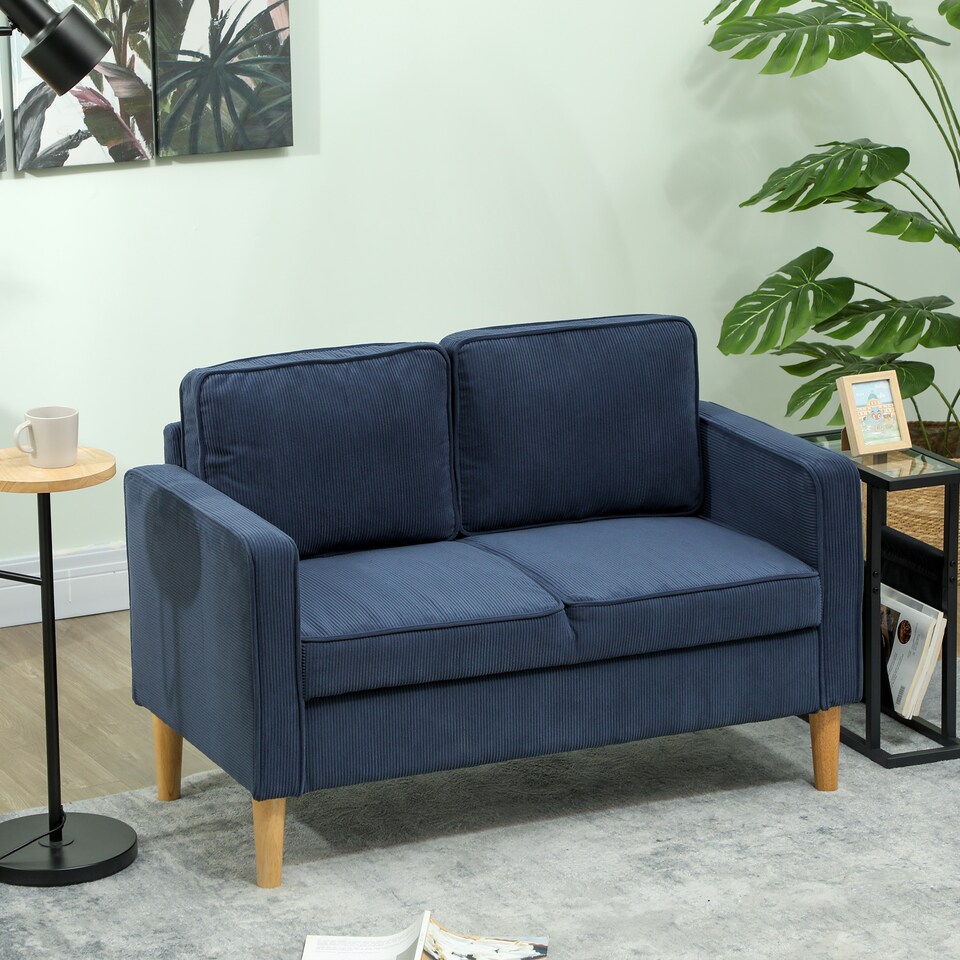 image 1 of HOMCOM 2 Seater Sofa with Storage, Compact Loveseat Sofa with Solid Wood Legs, Corduroy Small sofa Settee for Living Room, Bedroom, Home Office, 117 x 63 x 79cm, Blue | Blue | One Size