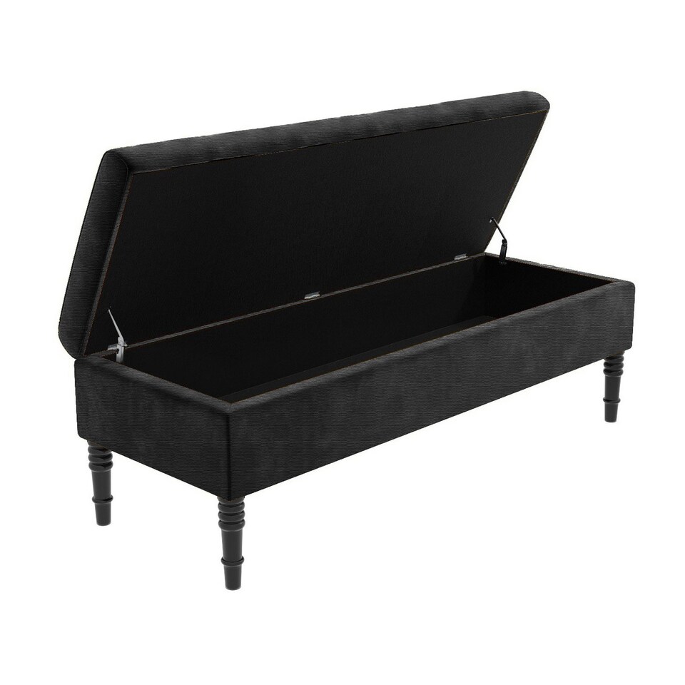 image 1 of 137cm Safar Plain Ottoman Storage Bench -Naples Shoes Bench with Black Turned Wooden Legs - Black Upholstery Footstool Storage