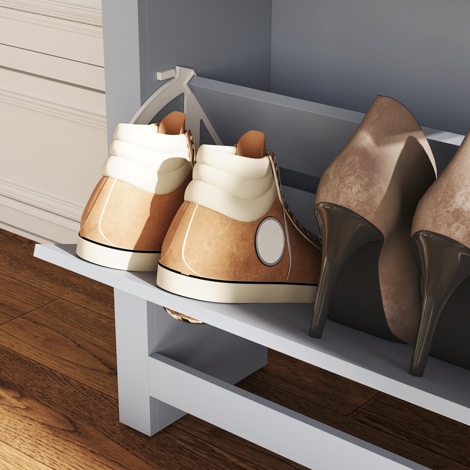 image 1 of HOMCOM 2 Drawer Shoe Cabinet Narrow Shoe Cupboard with Flip Doors, Grey | Grey | Grey