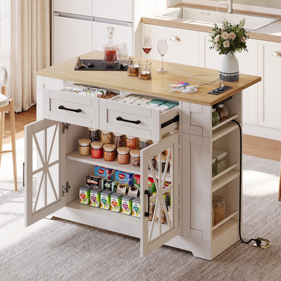 image 1 of VILUXE Mobile Kitchen Island with Foldable Worktop, 2 AC Sockets, 2 USB Ports, Glass Doors, Adjustable Shelves and Lockable Wheels, White and Natural