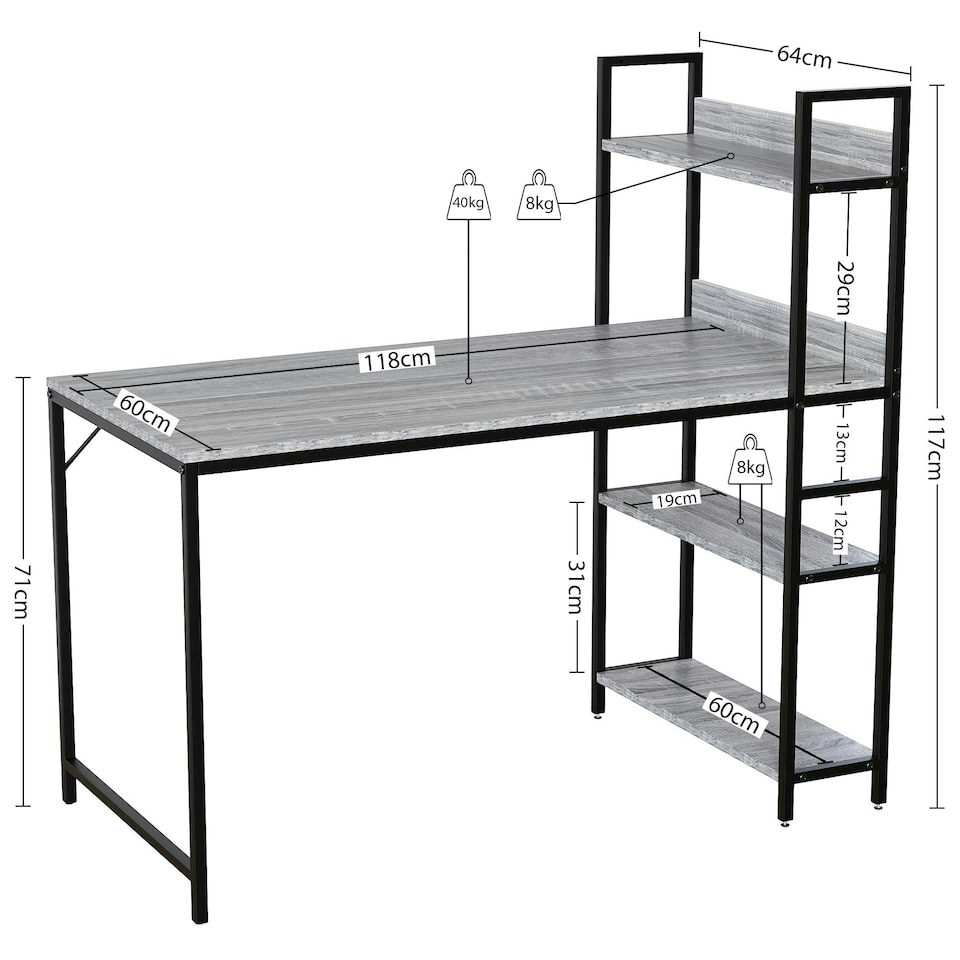image 1 of Vida Designs Brooklyn Computer Desk With 3 Shelves Home Office Workstation, Grey