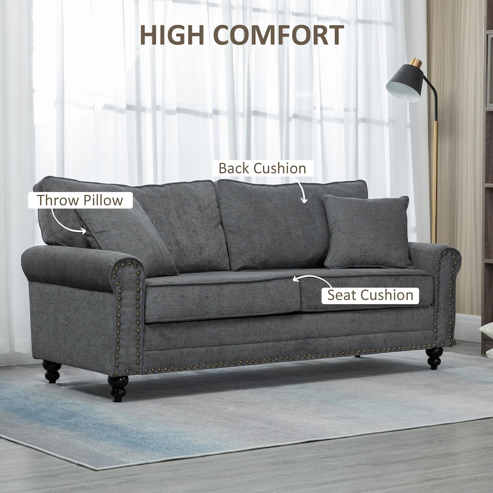 image 1 of HOMCOM Fabric Sofa 3 Seater Sofa for Living Room w/ Throw Pillow Grey