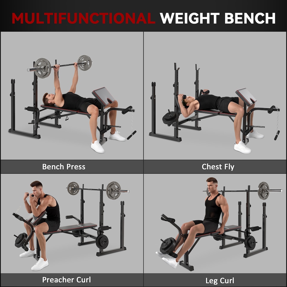 image 1 of SPORTNOW Weight Bench with Two Barbell Racks, Preacher Curl Bench