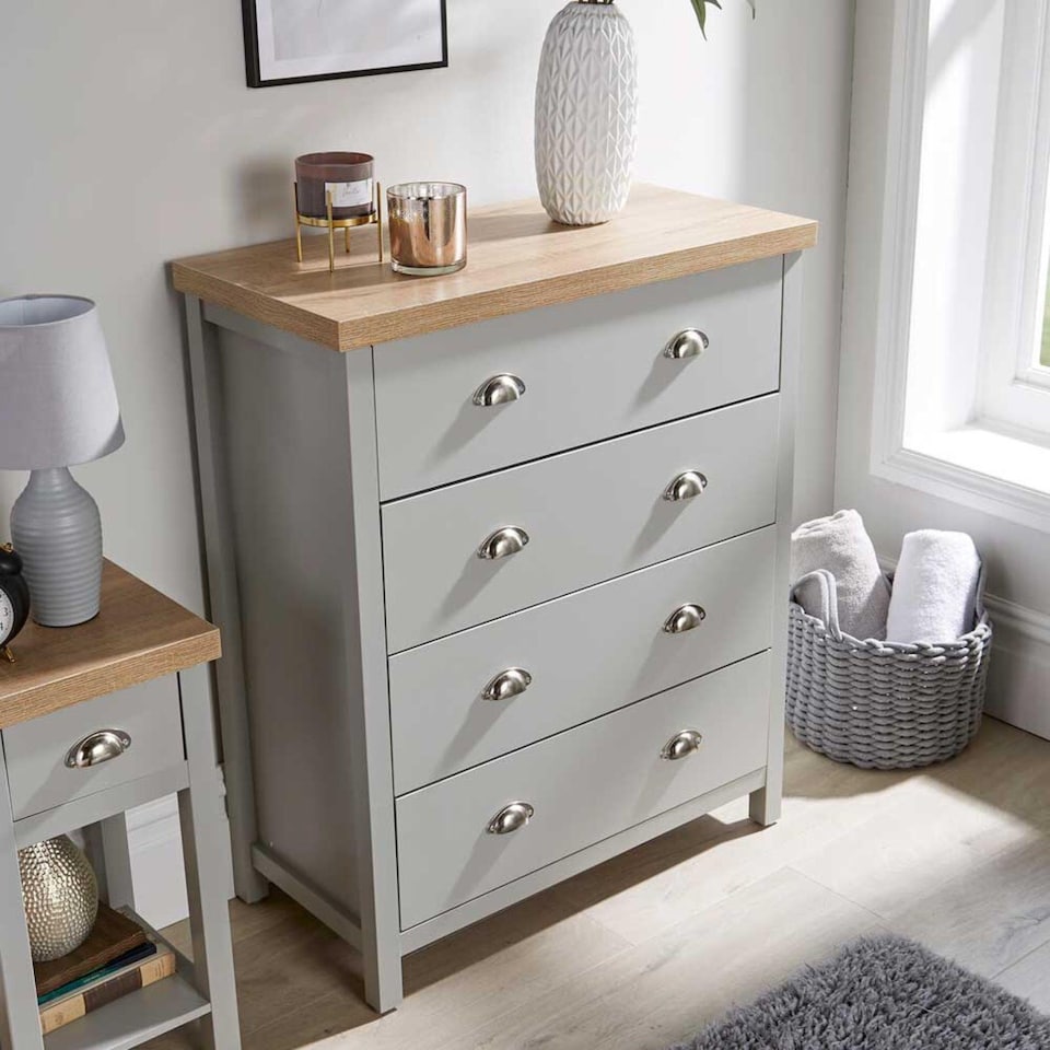 image 1 of Grey Oak 4 Drawer Chest of Drawers Storage Metal Cup Handles Avon Two Tone
