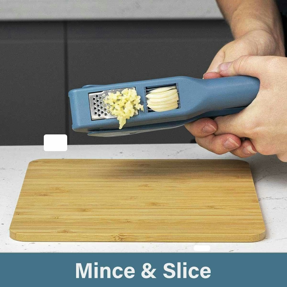 image 1 of CALITEK Garlic Press and Slicer 2 in 1 Easy to Use Stainless Steel Blades Blue