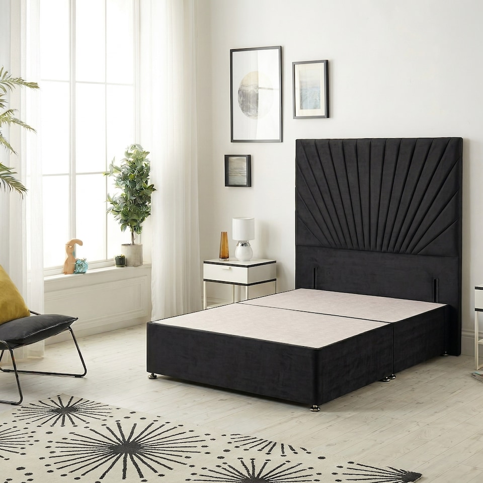 image 1 of Sunburst Divan Bed with 54'' Floor Standing Headboard Plush Velvet | Black | Black