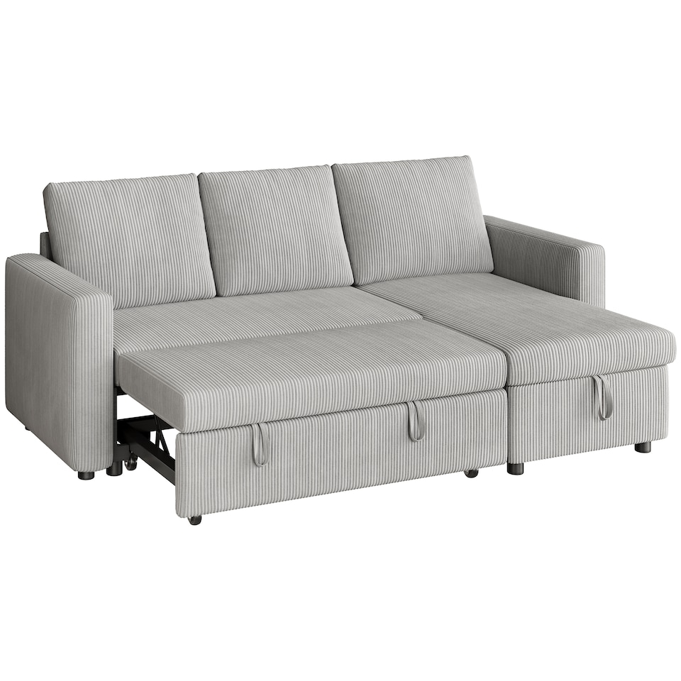 image 1 of Yaheetech 3 Seater Convertible Sectional Sofa with Reversible Chaise, Pull-Out Sleeper Bed and Storage Compartment, L-Shaped Couch, Light Grey