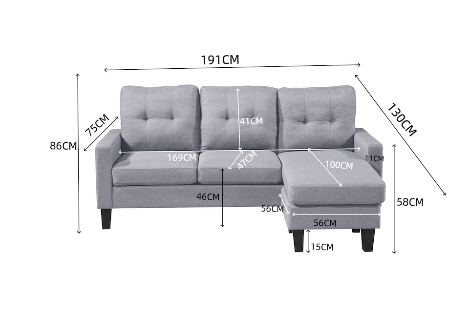 image 1 of Portofino 3 Seater Corner Sofa, Chaise Lounge Furniture with Reversible Ottoman Footstool or Chaise | Grey | Three Seater