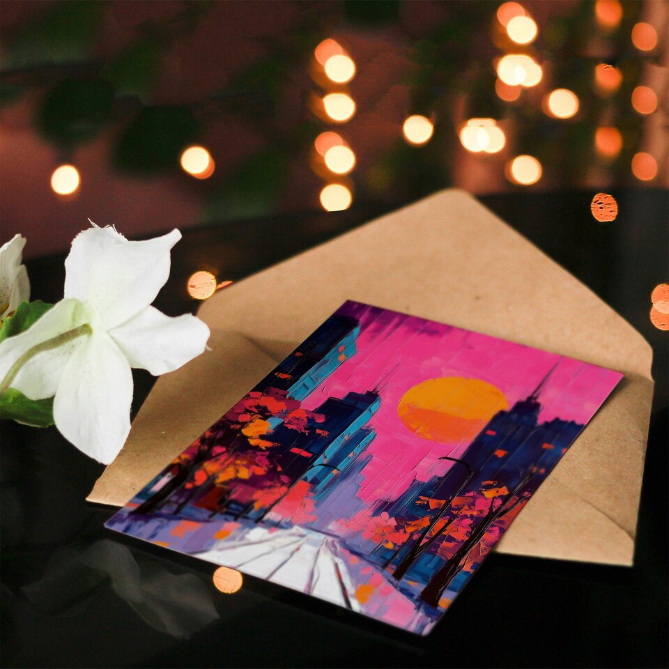 image 1 of City Street Autumn Pink Sunset Sky Cityscape Birthday Greeting Card