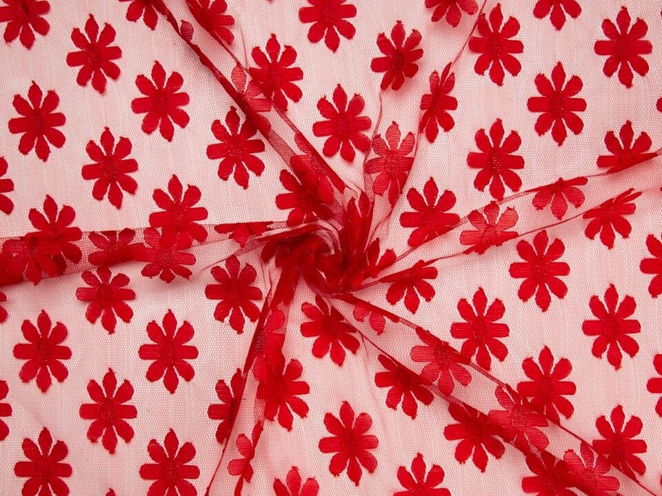 Minerva Red Deadstock Floral Lace Dressmaking Fabric per metre - 142.5cm / 56" Wide