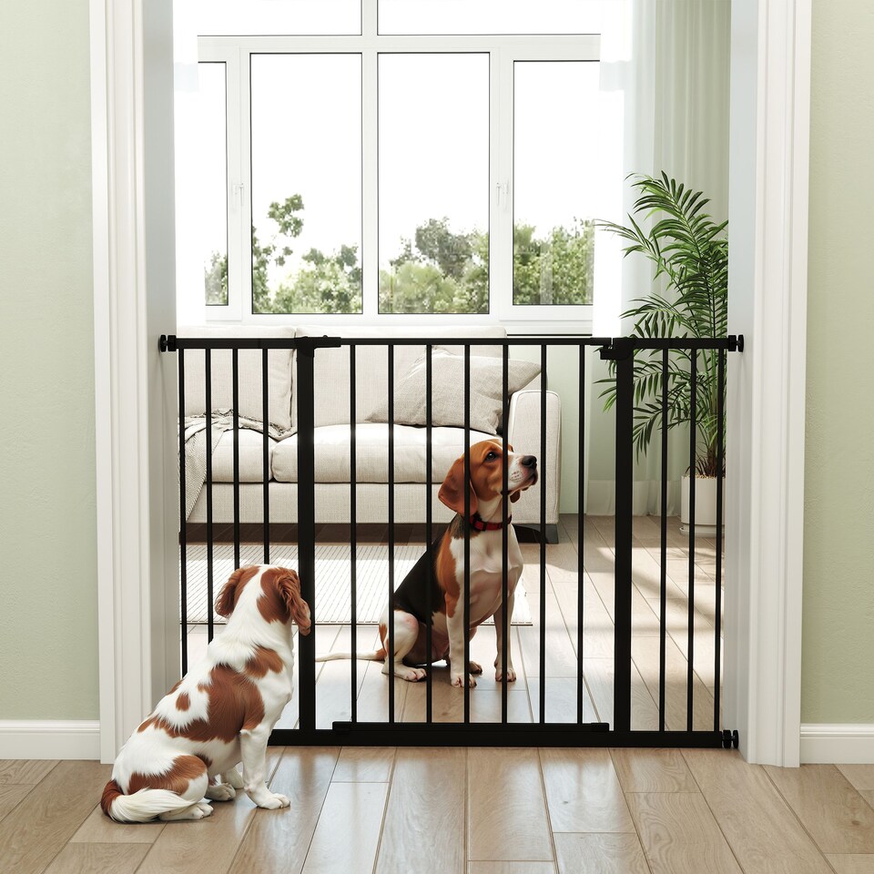 image 1 of PawHut Pressure Fitted Pet Dog Safety Gate Metal Fence, Black