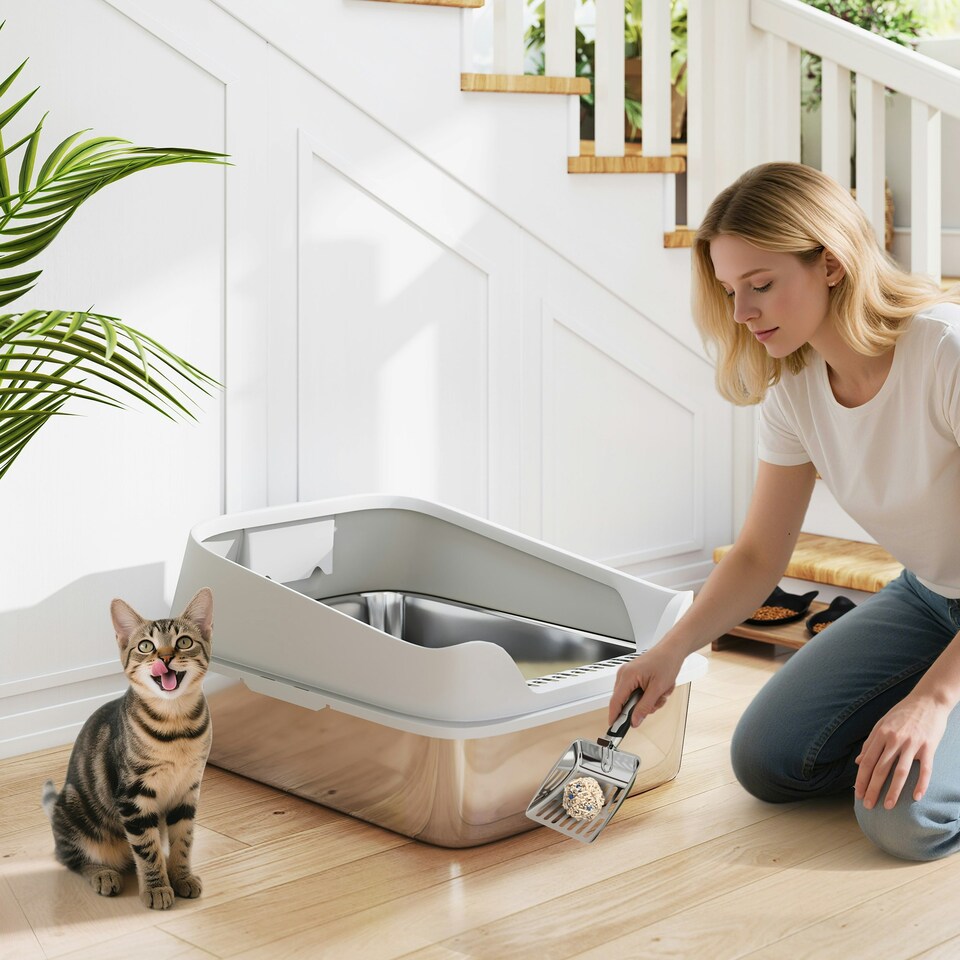 image 1 of PawHut Stainless Steel Cat Litter Box with High Sides Grey | M