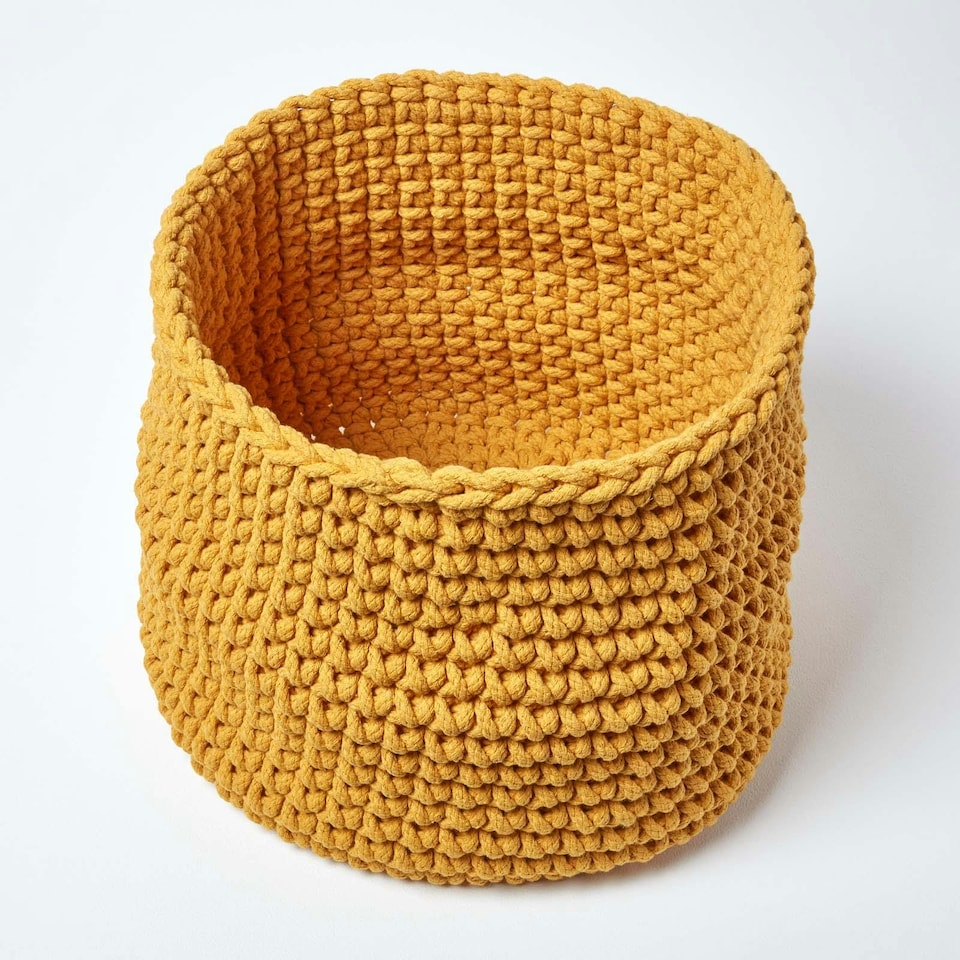 image 1 of Homescapes Yellow Cotton Knitted Round Storage Basket - 42 x 37 cm | Yellow | Yellow | L