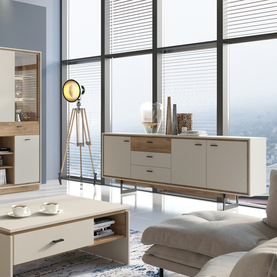 image 1 of Rivero 3 Door 3 Drawer Wide Sideboard in Grey and Oak