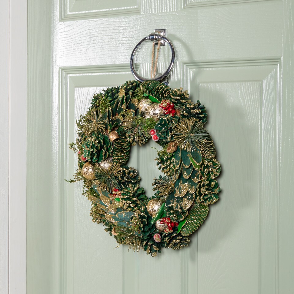 image 1 of 36cm Bauble and Pinecone Hanging Christmas Wreath with Red Berries