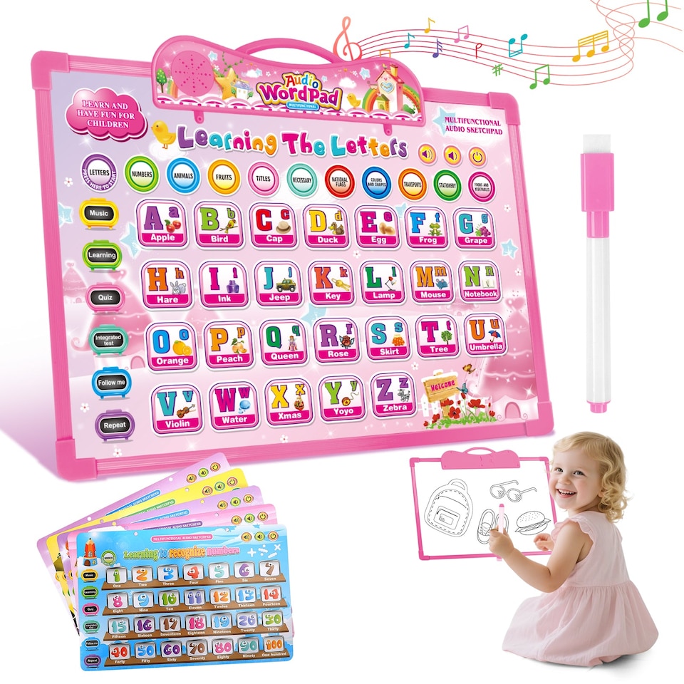 image 1 of Kids Audio WordPad Interactive Talking Educational Poster for Toddlers Learn Alphabet Numbers Animals Shapes and More