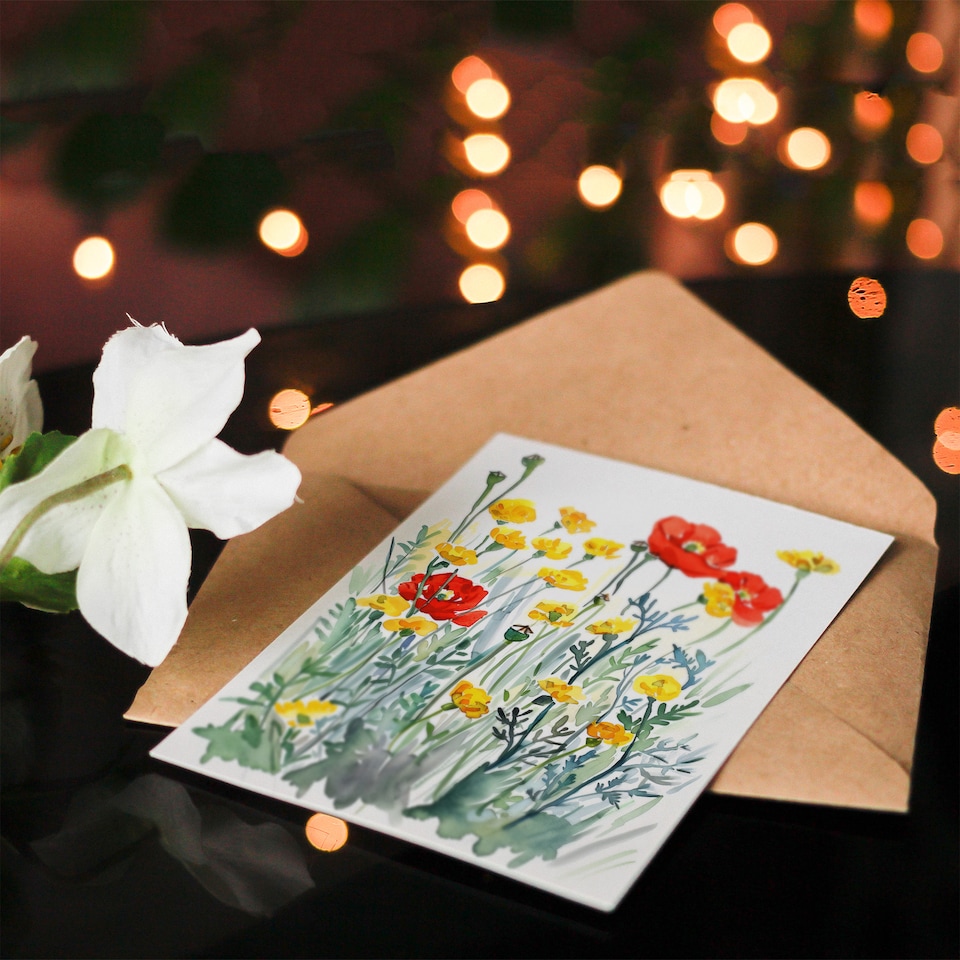 image 1 of Greeting Card Red Poppies and Yellow Marigolds Wildflower Field