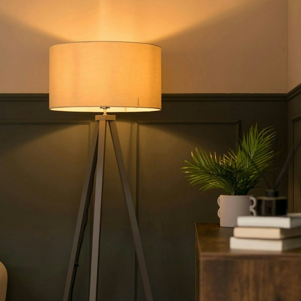 image 1 of ValueLights Barbro Grey Wood Tripod Floor Lamp Natural Shade