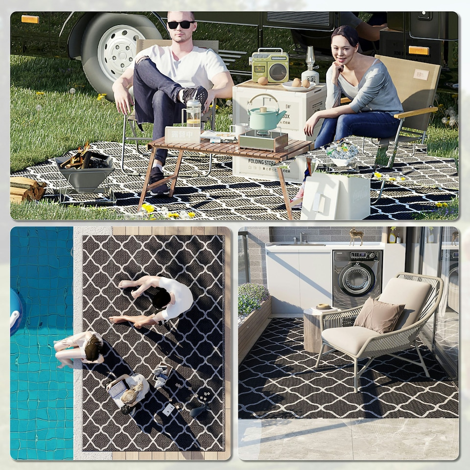 image 1 of Outsunny Reversible Waterproof Outdoor Rug W/ Carry Bag, 182 x 274 cm Black | Black