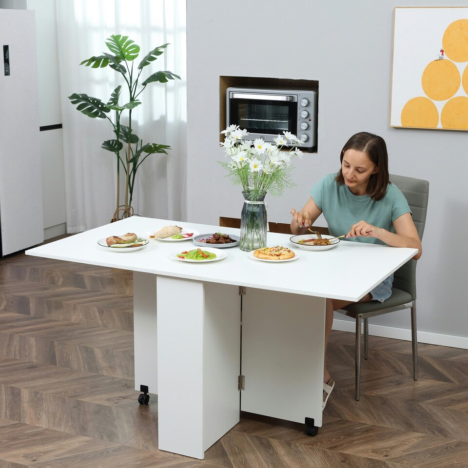 image 1 of HOMCOM Mobile Drop Leaf Dining Table Folding Desk w/ 2 Wheels White