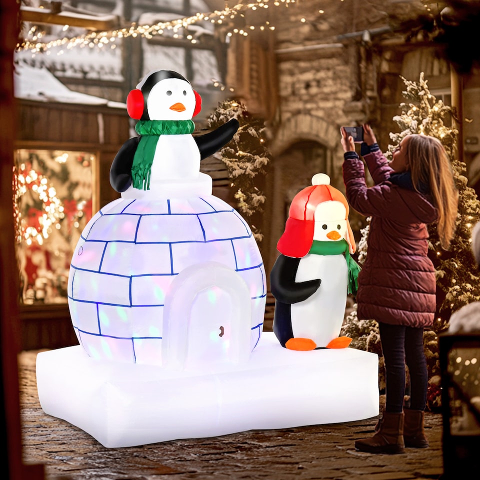 image 1 of HOMCOM 5ft Christmas Inflatable Two Penguins Wearing a Scarf with Ice House Blow Up Decor Home Indoors with Builtin LED Lights Outdoor Toys in Lawn Garden