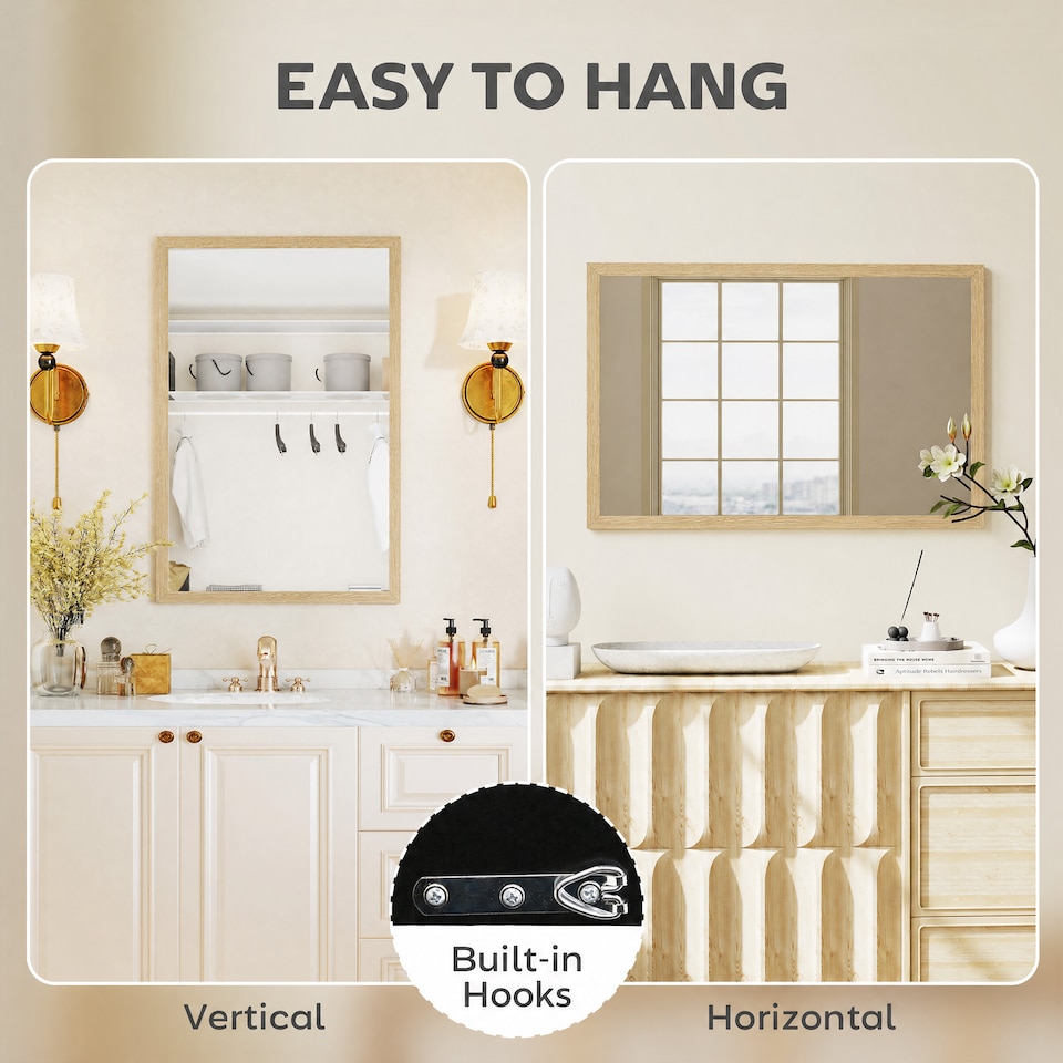 image 1 of HOMCOM 60x40cm Wall Bathroom Mirror for Home Decor, Vanity Mirror, Natural | Brown | Natural wood | 60 x 40 cm