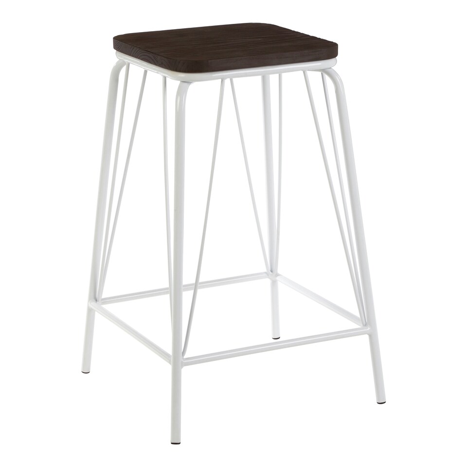 image 1 of Interiors by Premier White Metal and Elm Wood Stool, Large Square Stool, Accent Wooden Bar Stool for Home Bar