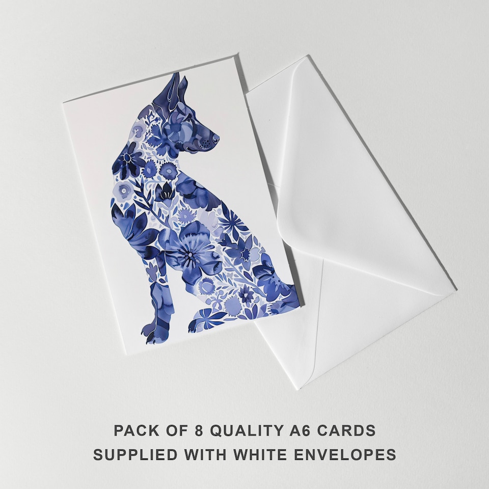 image 1 of Blue German Shepherd Floral Pattern Watercolour Art Cards Pack of 8