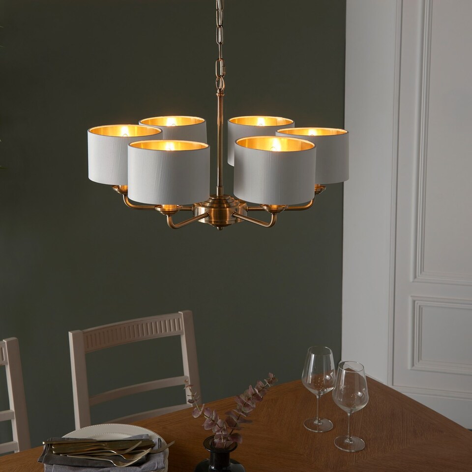 image 1 of Highclere Multi Arm Shade Pendant Ceiling Lamp, Antique Brass Plate, Vintage White Fabric
