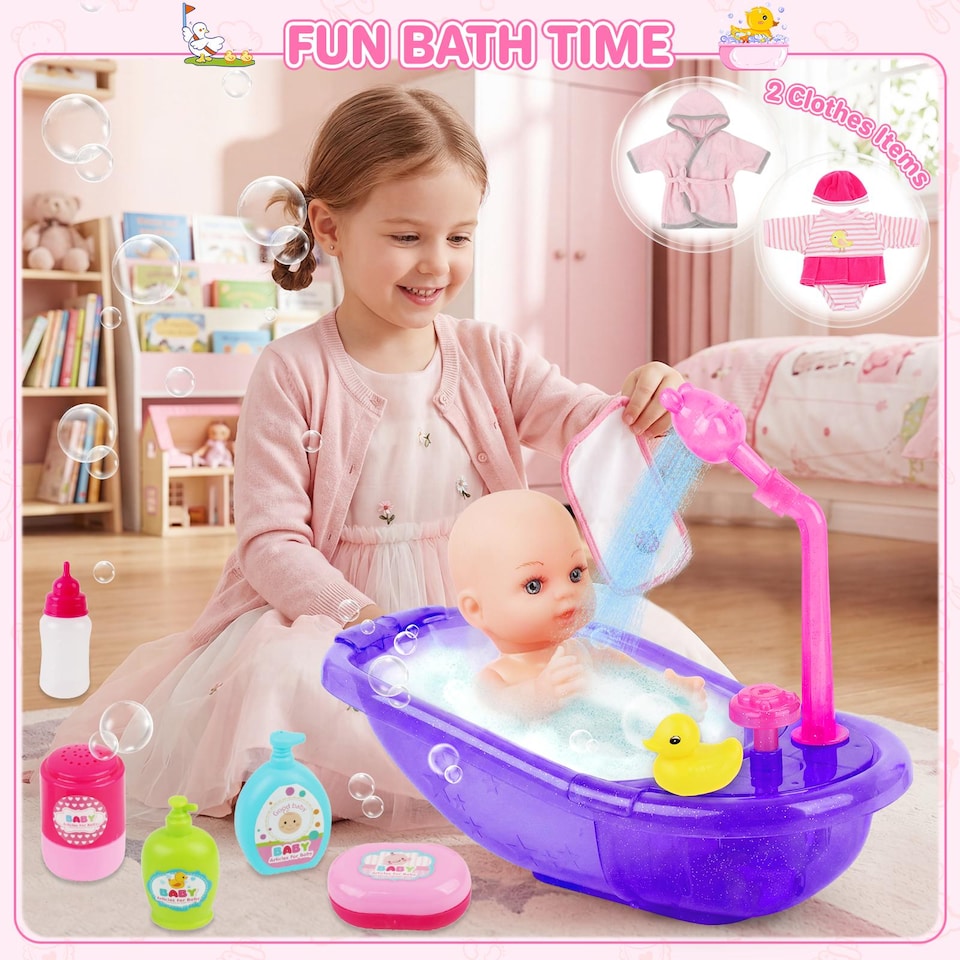 image 1 of Baby Doll Bath Set with Real Working Bathtub & Shower Spray – 12" Baby Doll, Bath Accessories & Pretend Play Set for Kids Ages 3+