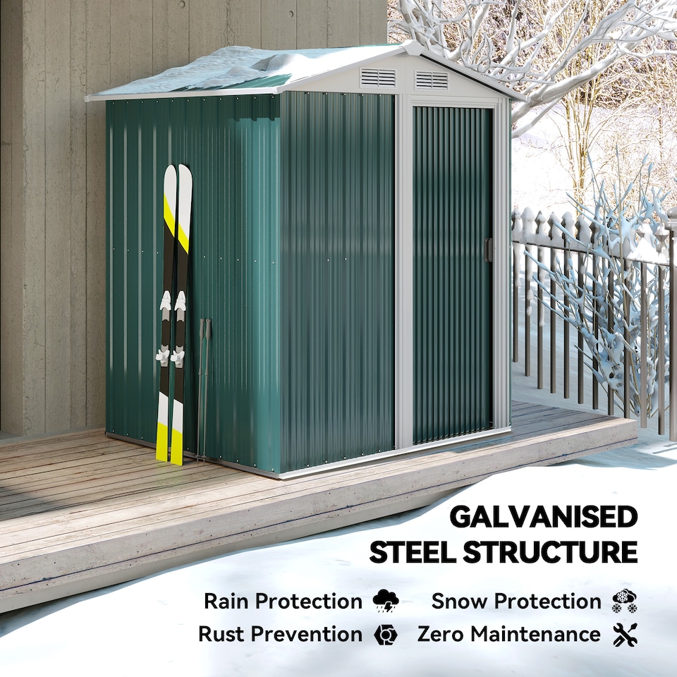 image 1 of Outsunny 5ft x 4ft Garden Shed, Metal Tool Storage Shed with Sliding Door, Sloped Roof and Foundation Kit for Garden, Patio, Green