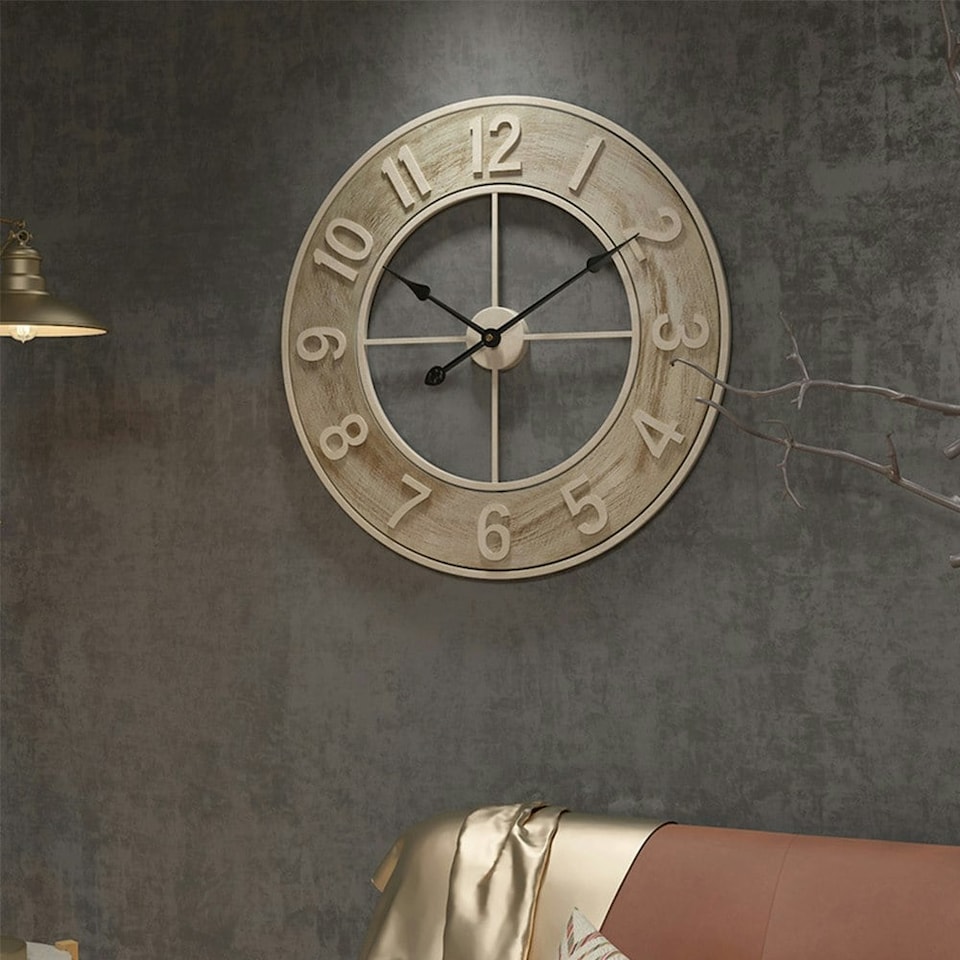 image 1 of Living and Home Round Wood Grain Metal Wall Clock