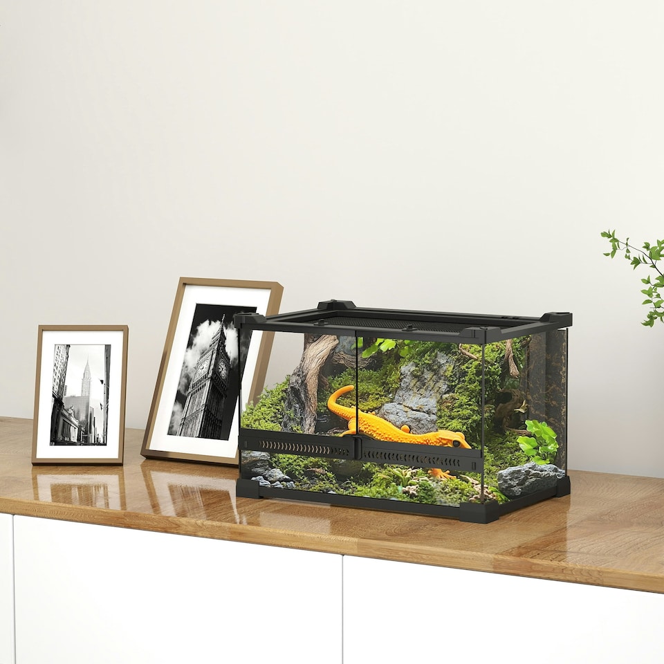 image 1 of PawHut 10L Glass Terrarium, Reptile Vivarium with Stone Background, Black
