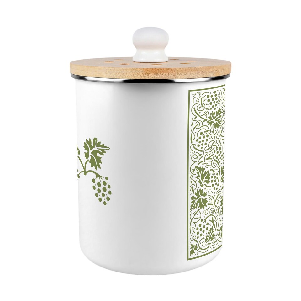 image 1 of Oak Leaves & Berries Food Waste Caddy - Metal 2L Green Decorative Kitchen Compost Bin