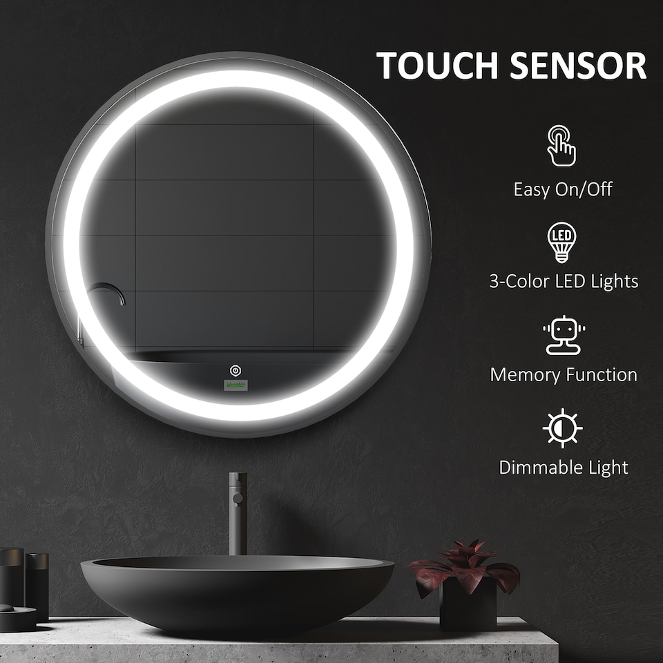 image 1 of kleankin Round LED Bathroom Mirror, Dimmable Lighted Wall-Mounted Mirror with 3 Temperature Colours, Memory Function, Hardwired, Black