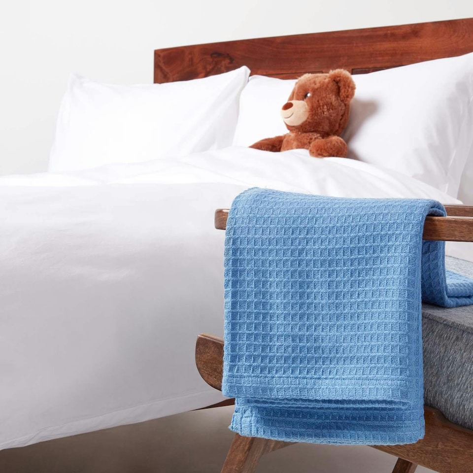 image 1 of Homescapes Organic Cotton Waffle Baby Blanket Blue - 90 x 112 cm