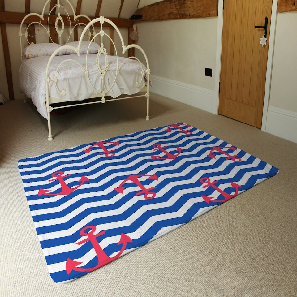 image 1 of Anchors on Zig Zag Stripes (Rug) Blue | Small: 60x110cm