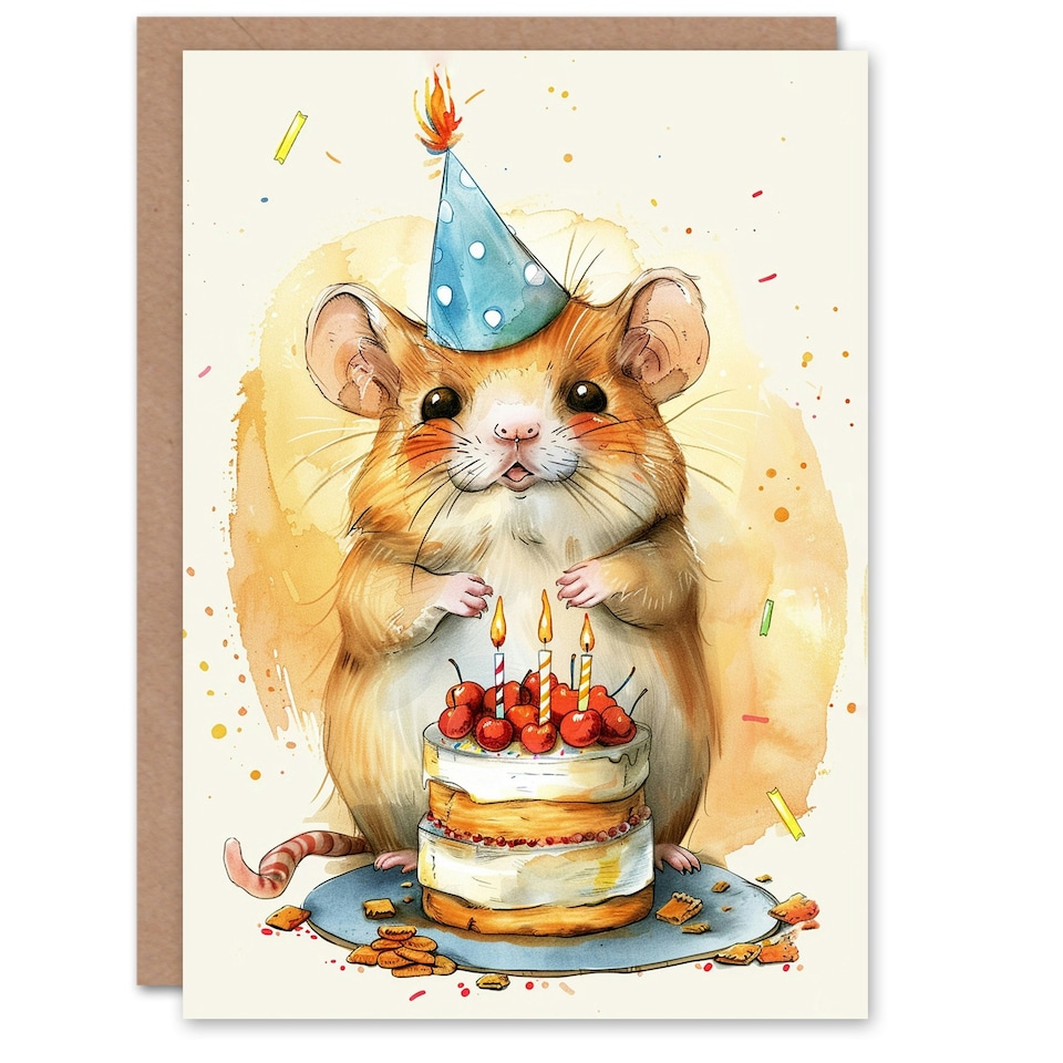 image 1 of Cute Gerbil Kids Party Hat Cake Girl Boy Daughter Son Birthday Card