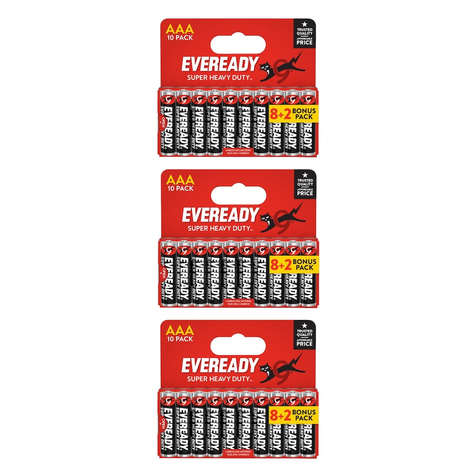 3x Eveready Super Heavy Duty AAA Zinc Batteries, Pack of 10 (30x Batteries)
