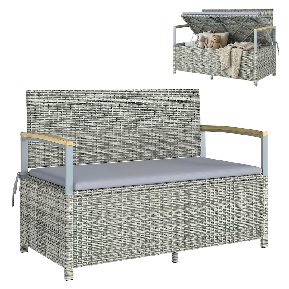 image 1 of Outsunny 170 L Rattan Garden Storage Bench with Cushion, Light Grey