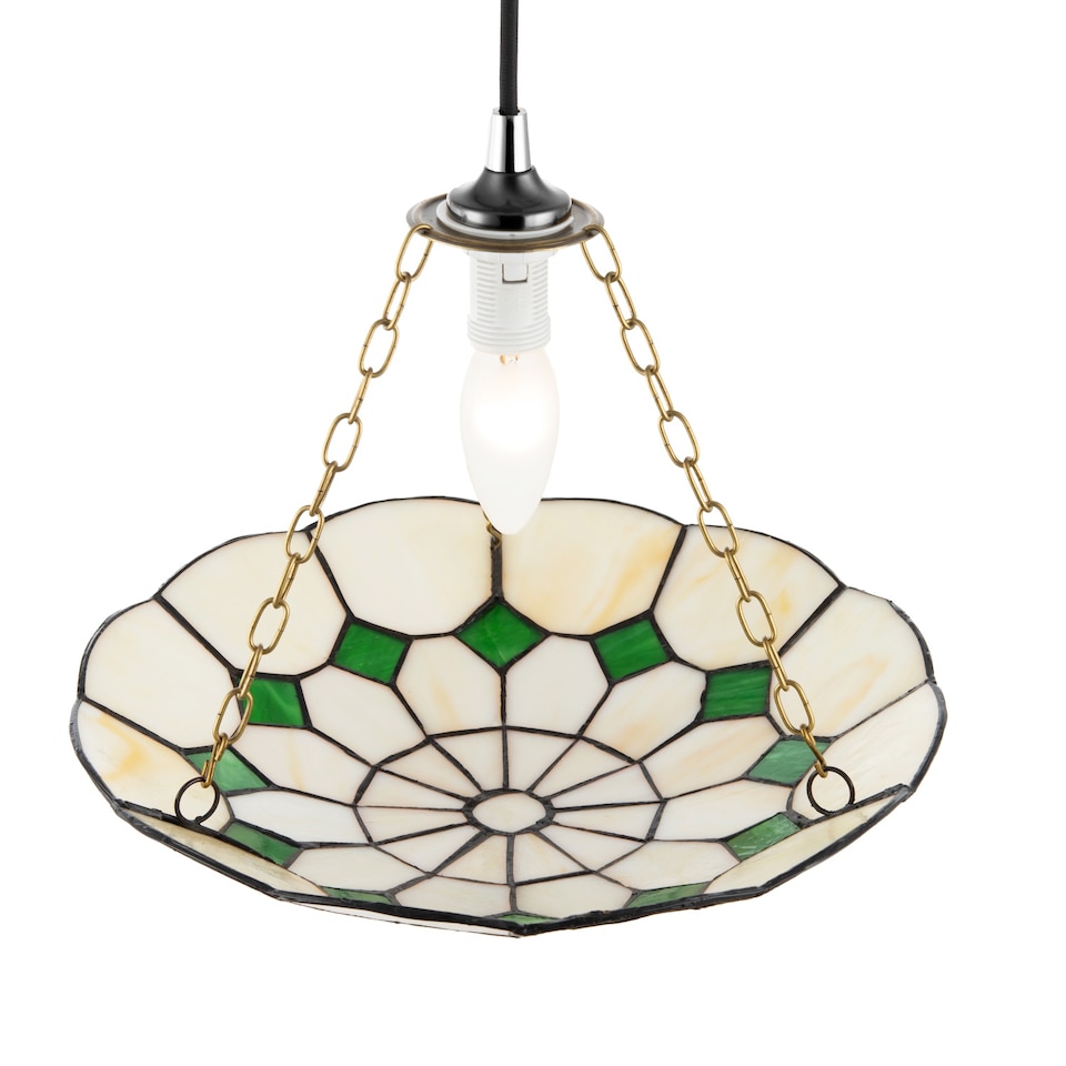 image 1 of Classic Amber Stained Glass Tiffany Pendant Lighting Shade with Green Diamonds | Green